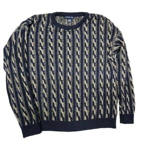 Northern Isles Mens‎ Cable Knit Sweater Large Striped Blue Tan Cotton Blend